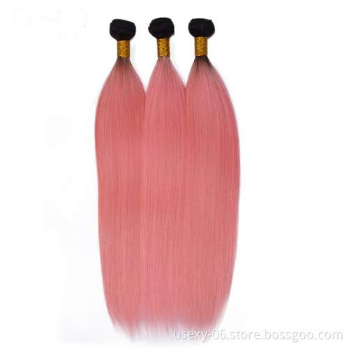 Usexy Ombre Peruvian Human Hair Weave Bundles Straight Virgin Hair Color 1B/Pink Hair 3 Bundles With Frontal